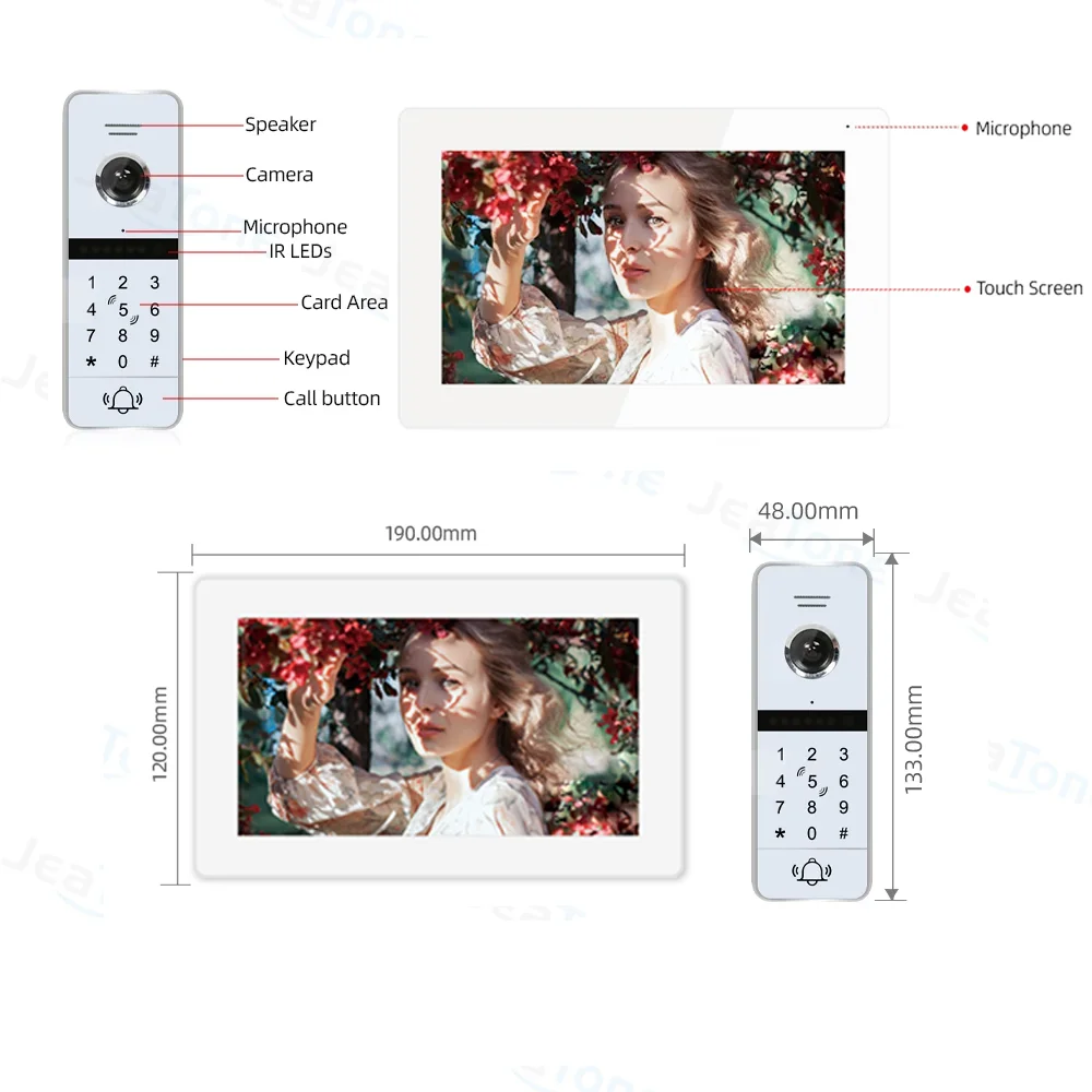 Jeatone 1080P 7 inch Touch Screen Wifi Video Intercom TUYA Wireless Doorbell for Home Apartment Motion Detection Waterproof