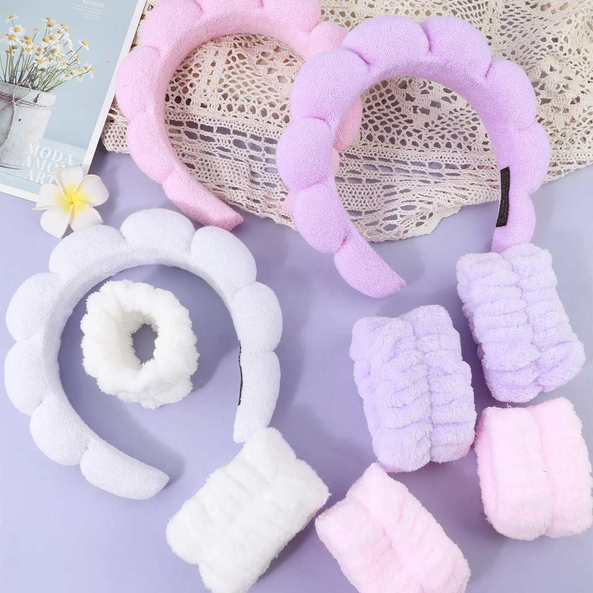 Spa Headband for Washing Face Wristband Sponge Makeup SkincareTerry Cloth Bubble Soft Get Ready Hairband for Women Girl Puffy