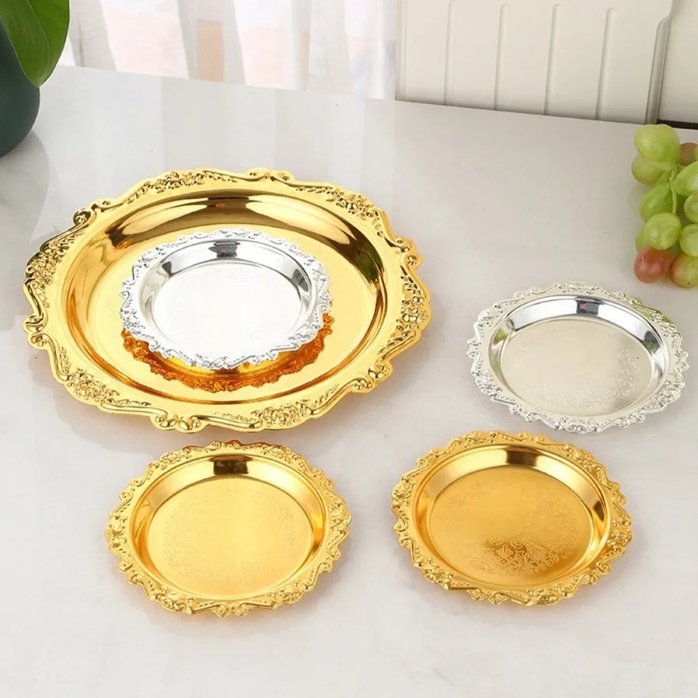 Retro Golden Silver Cake Tray Round Desktop Jewelry Storage Tray Dinner Serving Tray Tea Cup Holder