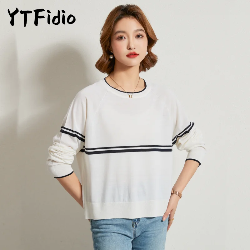 

YTFidio 100% Wool Women O-neck striped pullover sweater Striped Women Streetwear Tops O neck Sweater Casual Basic Pullover 73