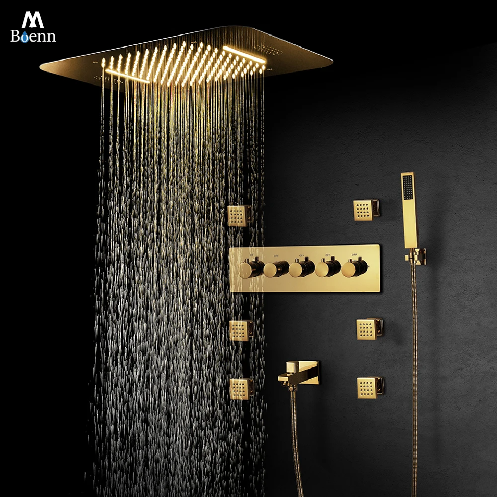 M Boenn luxury Gold Shower Faucet System Set Bathroom Smart Concealed Thermostatic Diverter Ceiling Black Shower Head Rainfall