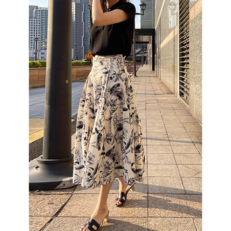 Ink Painting Skirt for Women2024Autumn and Winter New High Waist Big Swing Umbrella Skirt Small Professional Mid-LengthaWord Ski