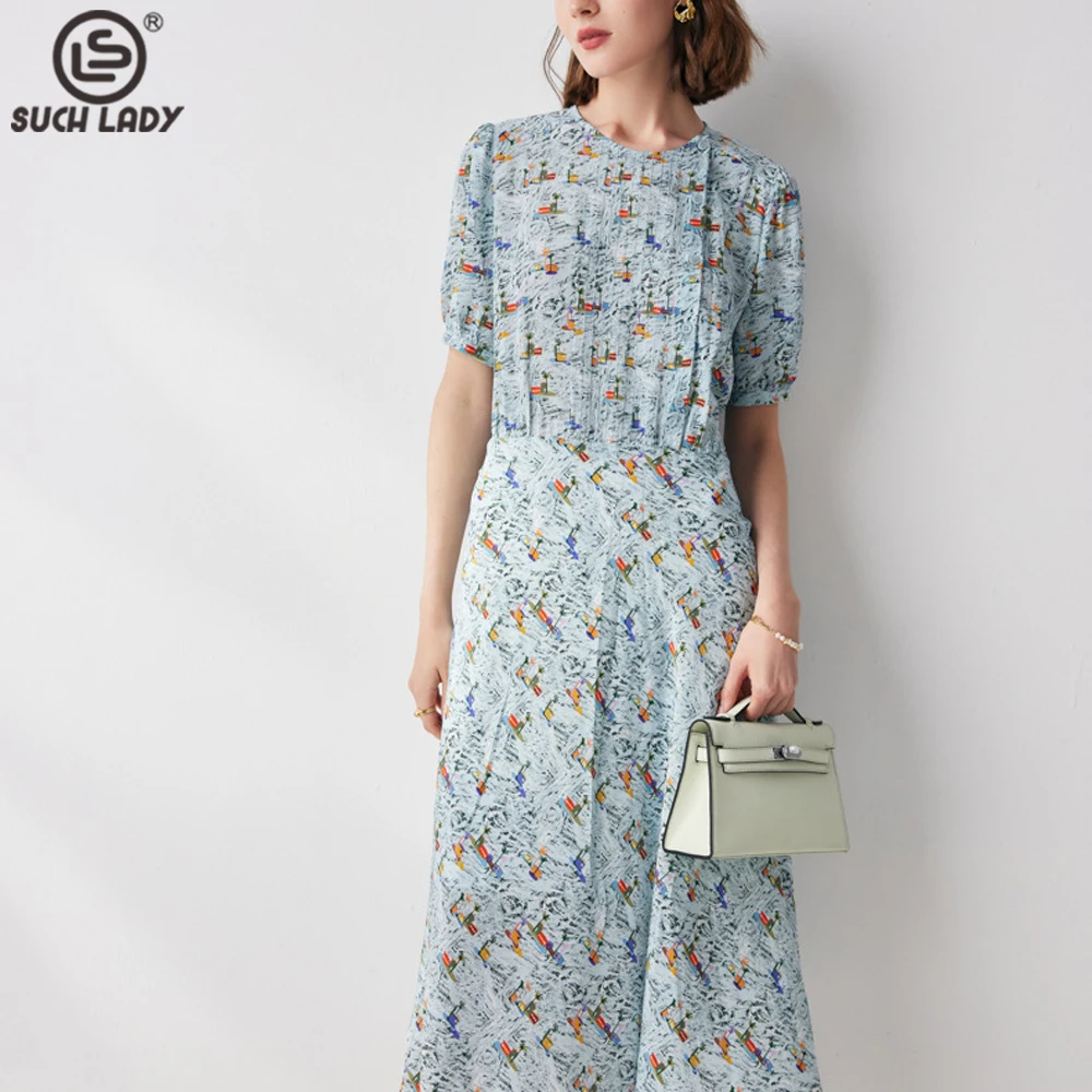 

100% Natural Silk Women's Dresses O Neck Short Sleeves Printed High Street Fashion Casual Vestidos