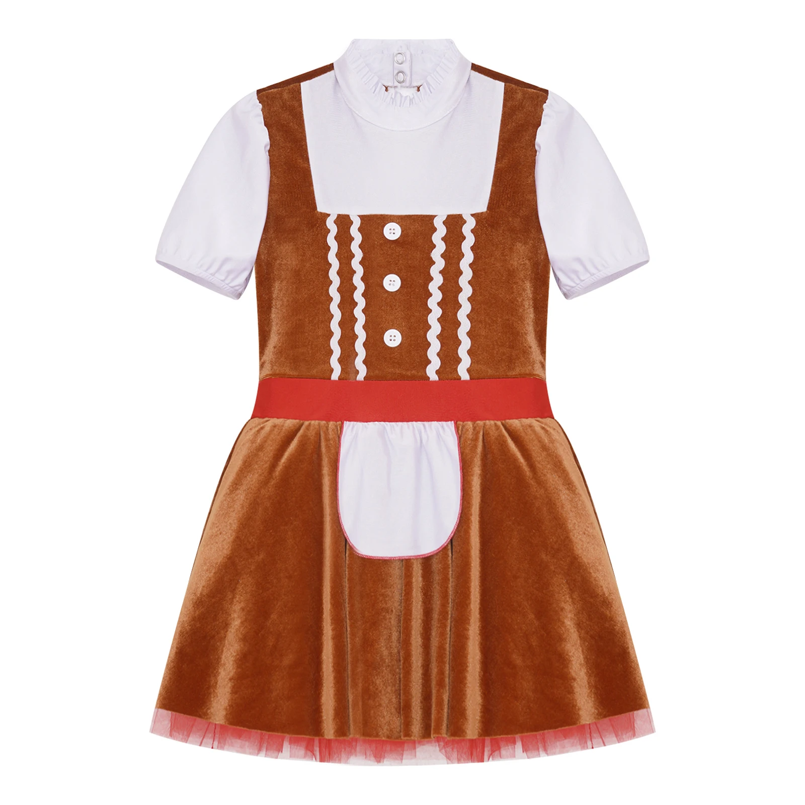 Kids Girls Christmas Gingerbread Man Costume Mock Neck Short Sleeves Velvet Tutu Dress Bodysuit for Xmas Festival Holiday Party