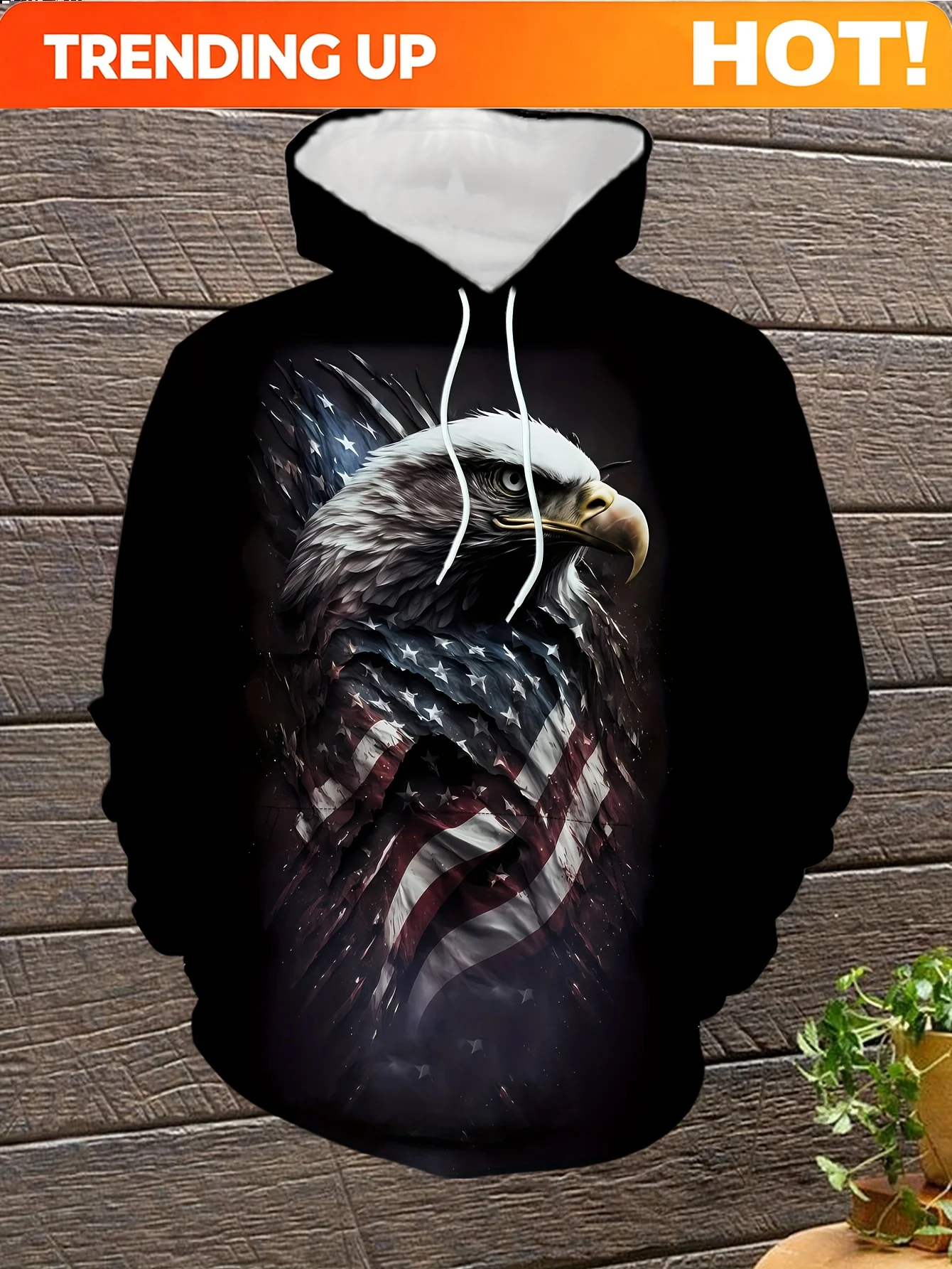 Customization Men's Patriotic American Flag & Bald Eagle Print Hooded Sweatshirt - Loose Fit Casual Pullover With Drawstring Hoo
