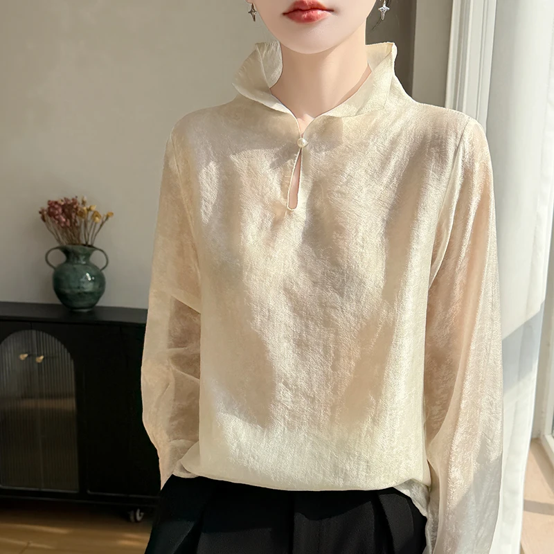 BELIARST Women's Loose Large Size Stand up Collar Shirt Chinese Style High-End Fashion Commuting Top Base Layer Spring