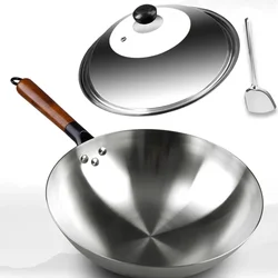 Uncoated Non-Stick Chinese Wok 34cm Steak and Egg Frying Pan Removable Wooden Handle Dishwasher Safe Kitchen Cookware