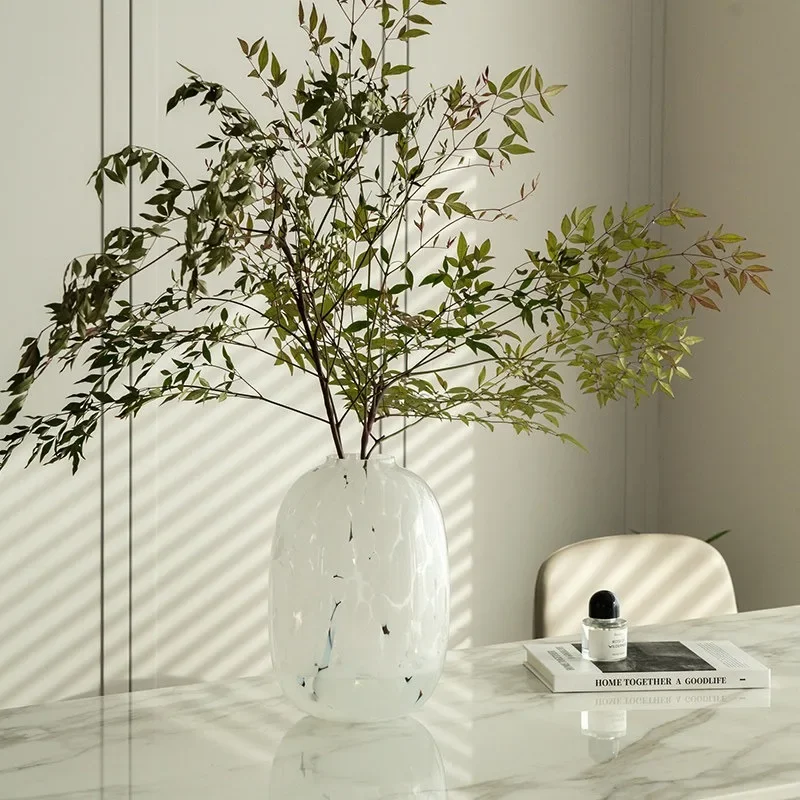Luxury White Glass Vase Aesthetic Art Handmade Vases Elegant Large Round Narrow Mouth Vase Flower Arrangement Glass Container