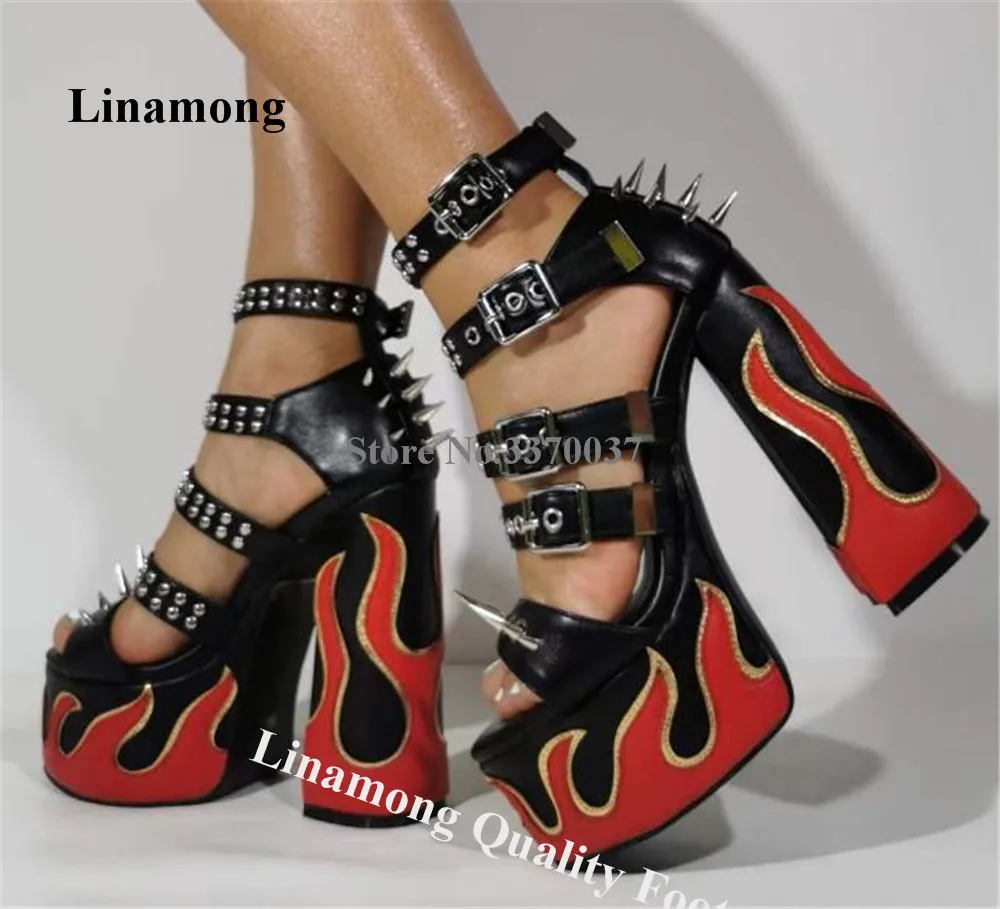 

Linamong Sexy Metal Rivets Buckles Patchwork Chunky Heel Sandals Open Toe Straps High Platform Studs Thick Heel Party Pumps