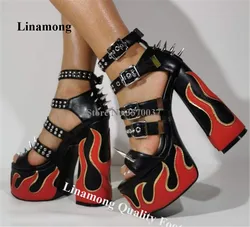 Linamong Sexy Metal Rivets Buckles Patchwork Chunky Heel Sandals Open Toe Straps High Platform Studs Thick Heel Party Pumps