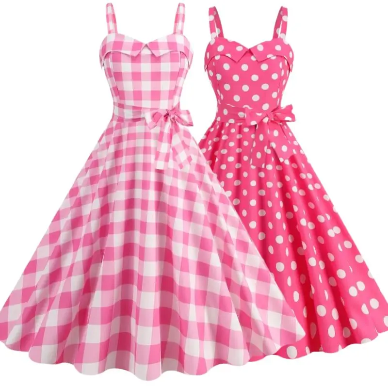 Women's Summer Dress Sexy Retro Pink Plaid Suspender Gown Christmas Party Clothes Robe Femme High-Waisted Dress