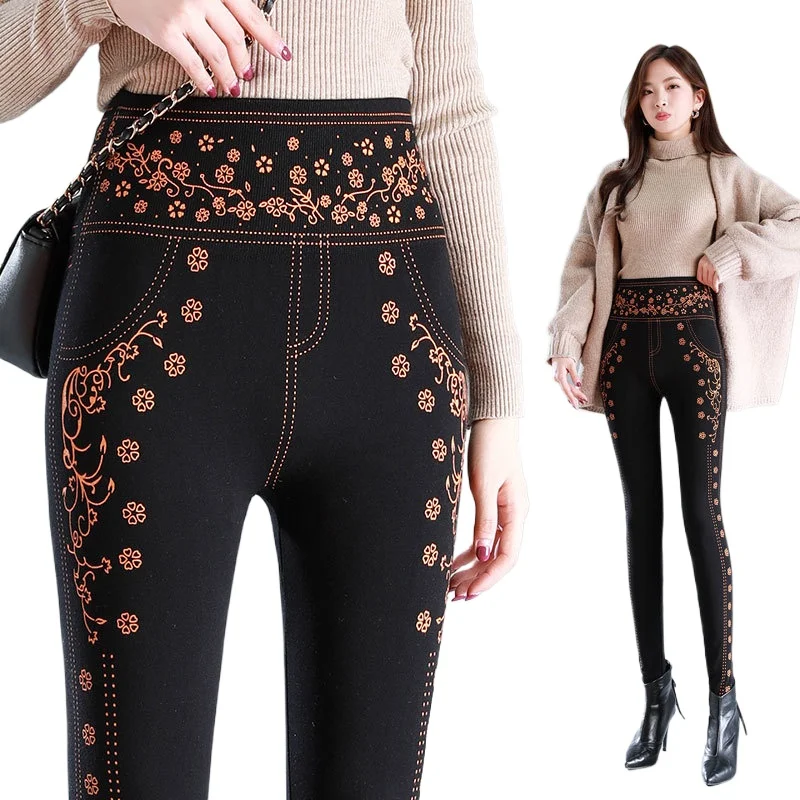 النساء طماق عالية الخصر مرونة جديدة مطبوعة سروال شكل قلم رصاص فو الدنيم طماق الإناث تصميم جديد رائجة البيع السراويل الملابس النسائية