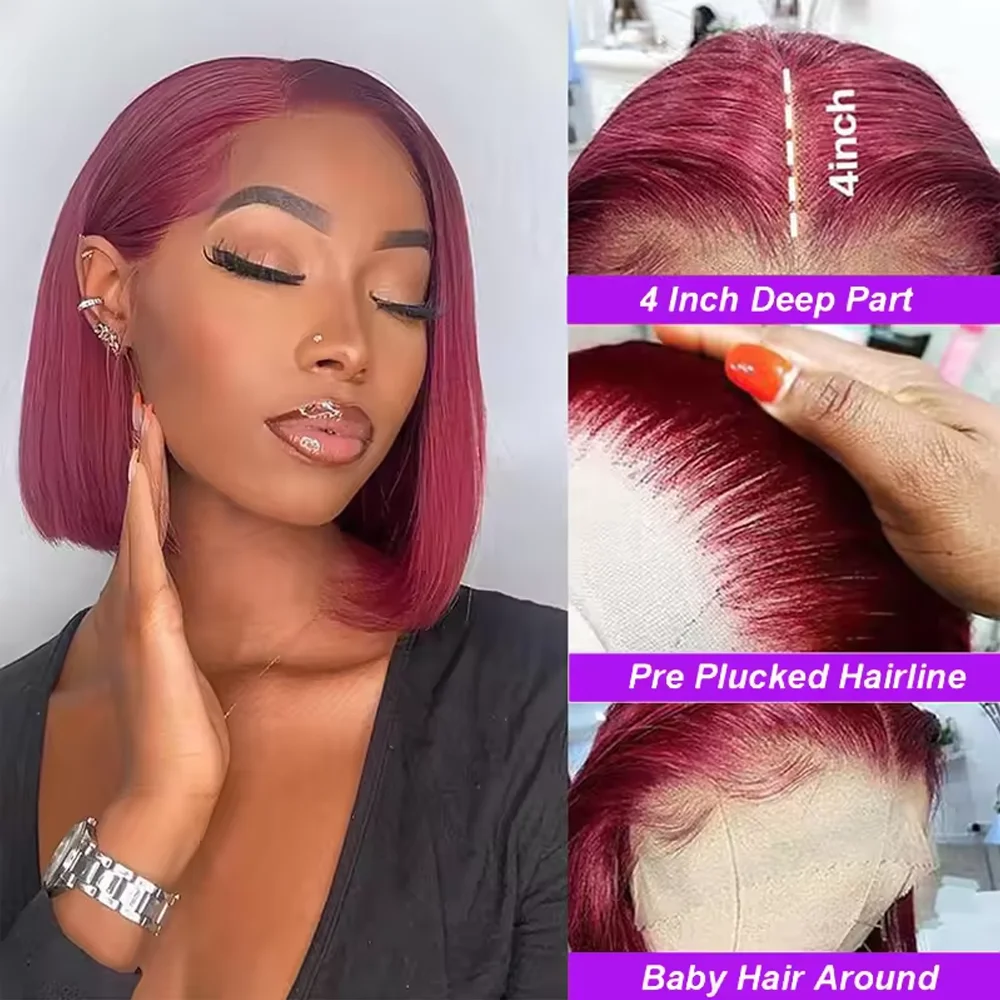 14 Inch 99J Short Bob Wig Burgundy 13x4 Human Hair Lace Front Wig Brazilian Remy Straight Wigs For Woman Human Hair Pre Plucked