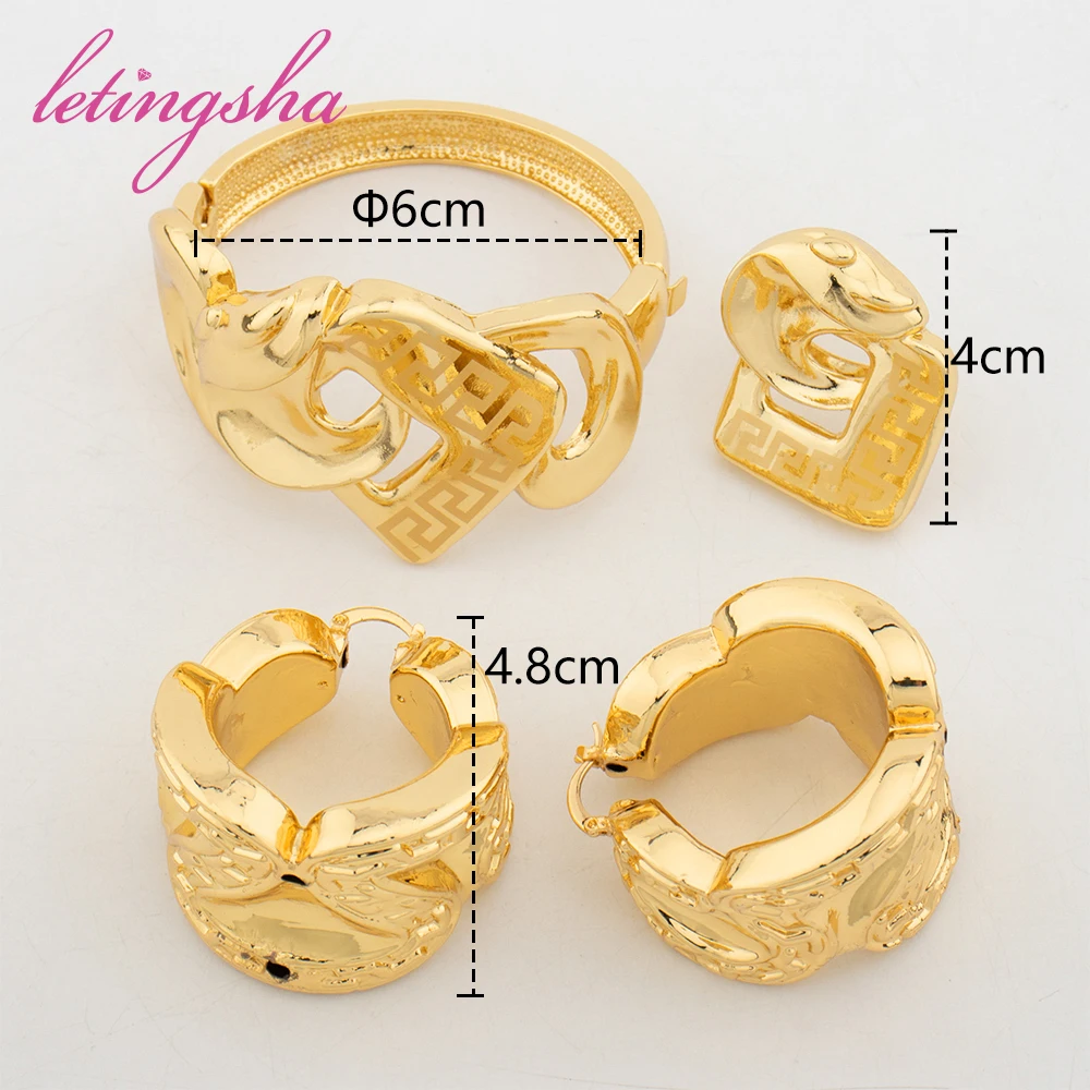 Fashion Round Bangle with Ring Dubai Hoop Earrings for Women African Gold Color Jewelry  Set Wedding Party Gift Accessories