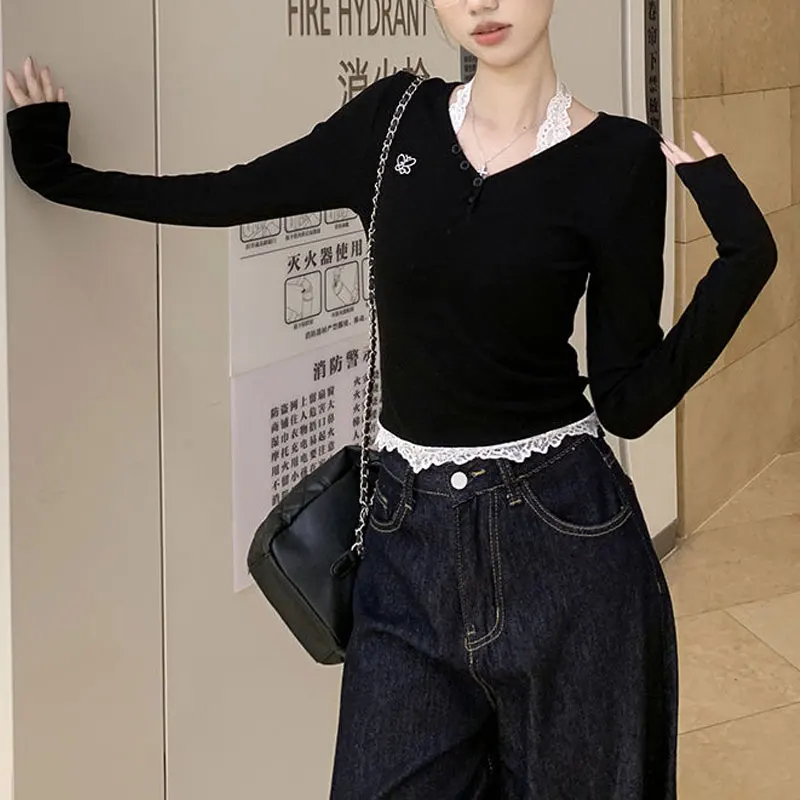 

Fake Two Pieces Lace Halter Pullovers Spring Autumn Stylish Spliced Female Clothing Drawstring Bow Slim V-Neck Short T-shirts