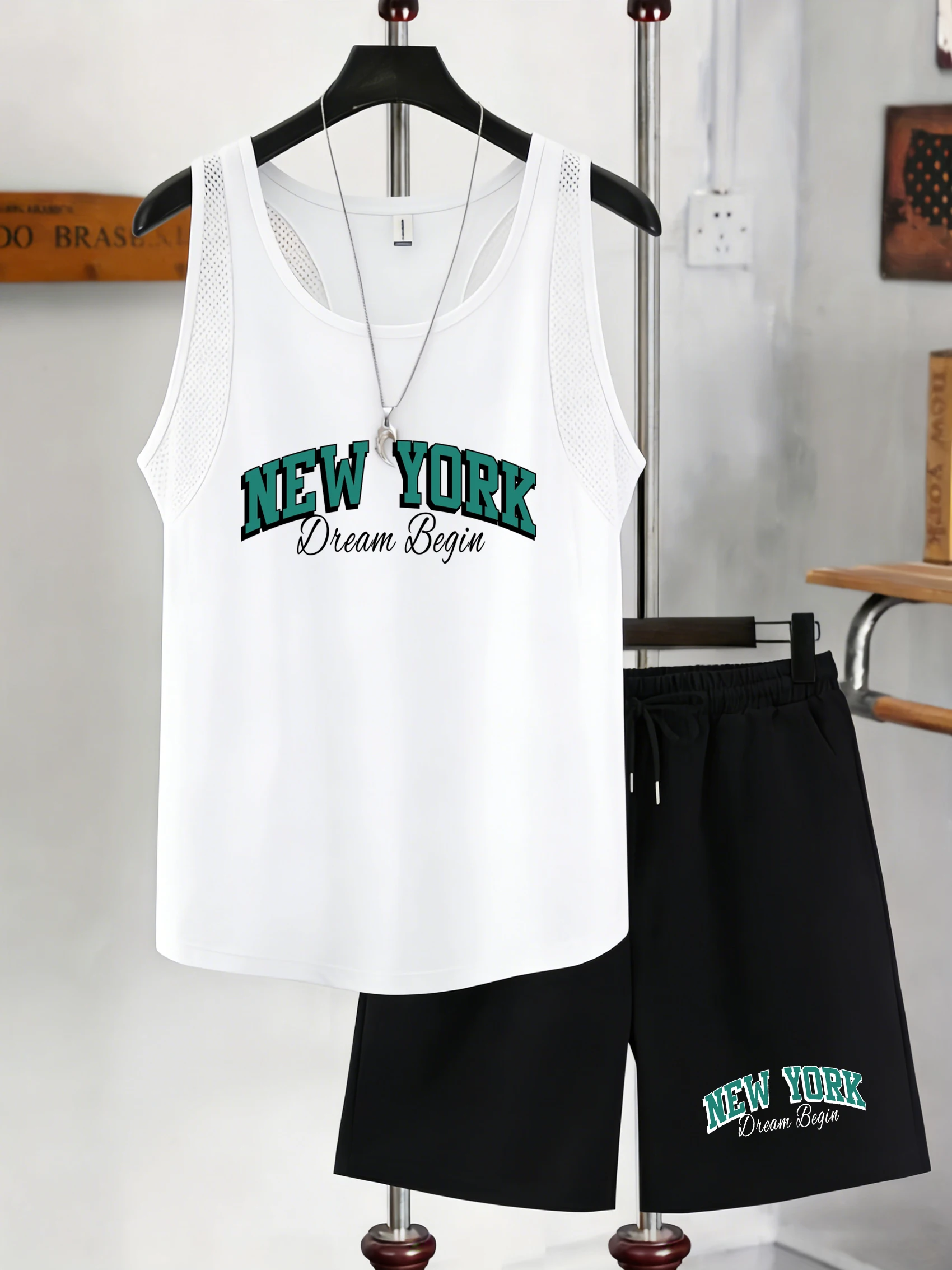 

The Place The New York Dream Began Print Mens Reticular Vest Suit Summer O-Neck Sleeveless Tee Unisex Soft Trendy Shorts Set