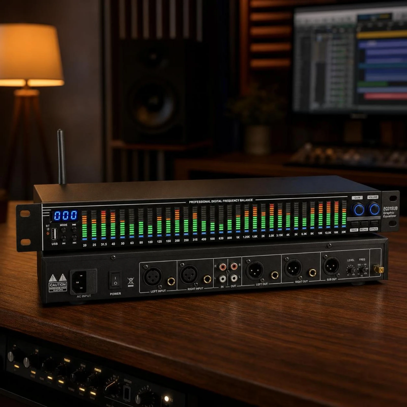 Rackmount Audio Processor Equalizer with Bass Output Digital Control for Live Performance and PA Tuning