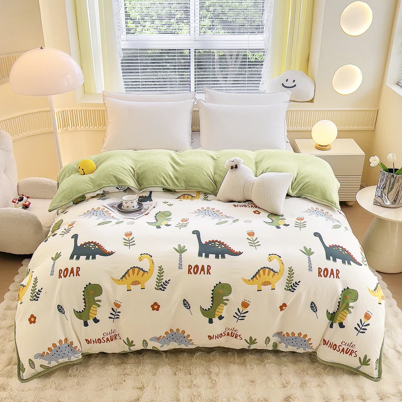 

Cartoon Dinosaur Soft Cotton Duvet Cover, Winter Coral Velvet Bed Milk Velvet Duvet Cover Student Dormitory Plus Velvet Bedding