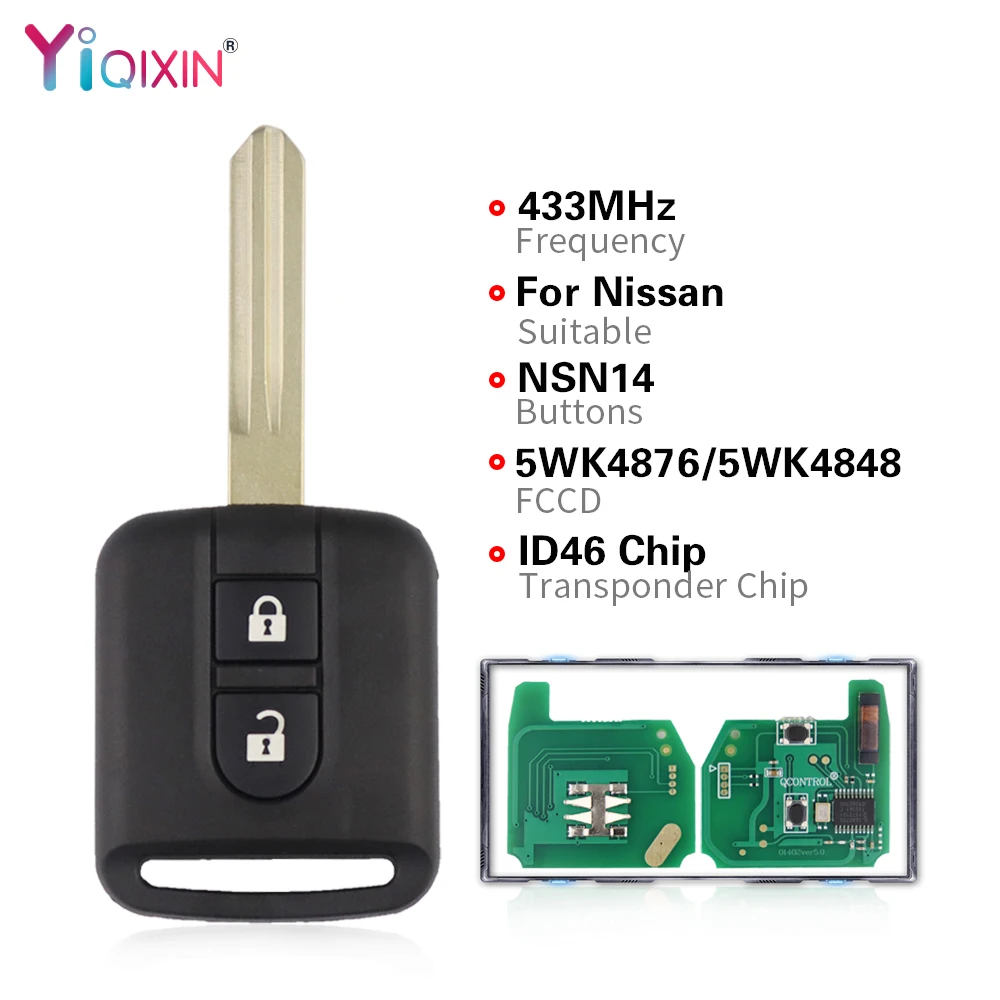 

YIQIXIN Remote Car Key Fob 5WK4 876 / 818 433Mhz ID46 For Nissan Qashqai Elgrand X-TRAIL Navara Micra Note NV200 Renault Maxity