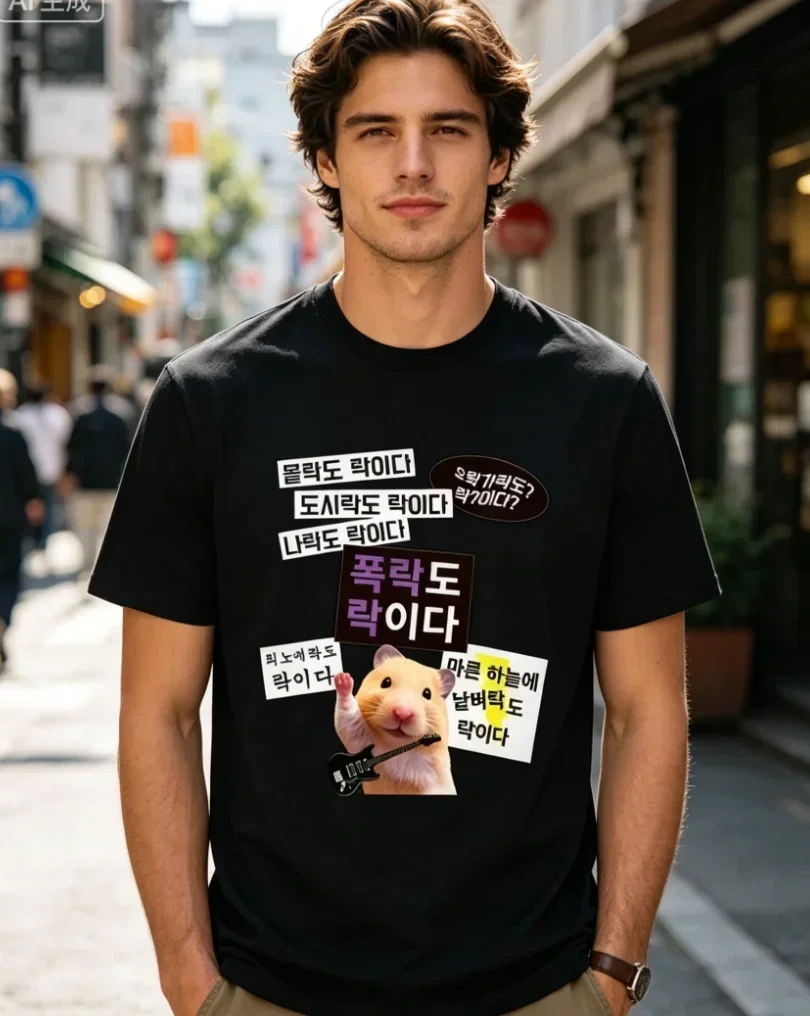 Unisex Korean Rock Slogan Hamster Guitar Graphic T-Shirt Vintage Short Sleeve Top Soft Comfortable Casual Summer Wear Korean Tee