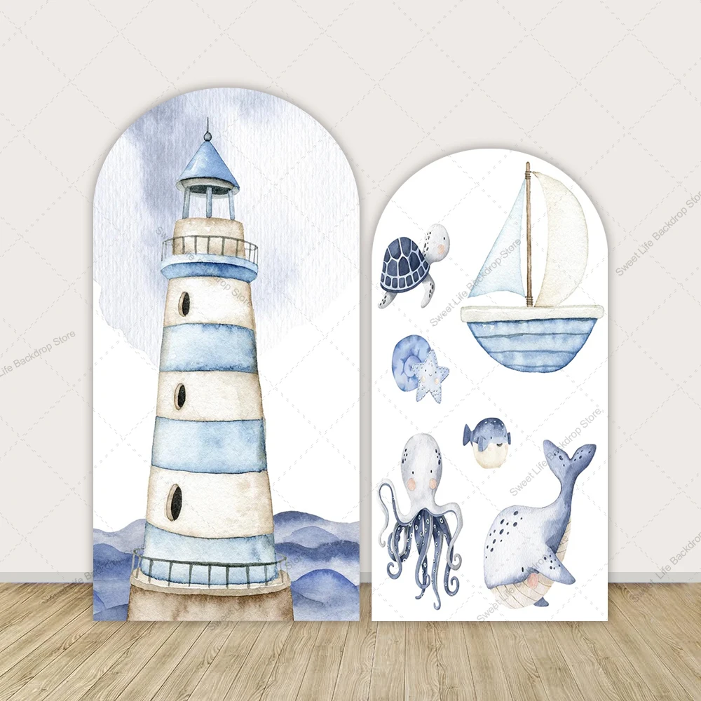 

Summer Ocean Ship Lighthouse Arch Backdrop Cover Marine Life Boy Baby Birthday Background Arched Decor