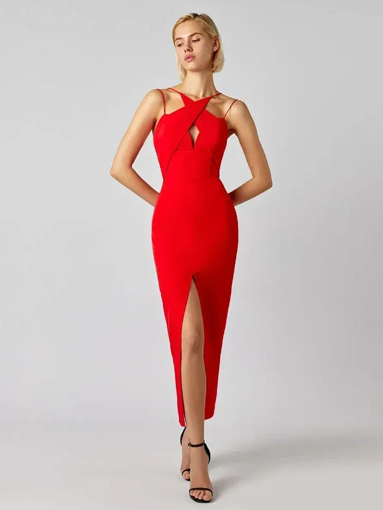 

BEVENCCEL Women's Black Red Sexy Sleeveless Hollow Out Split Open Back Midi Bandage Dress Celebrity Elegant Evening Club Dress