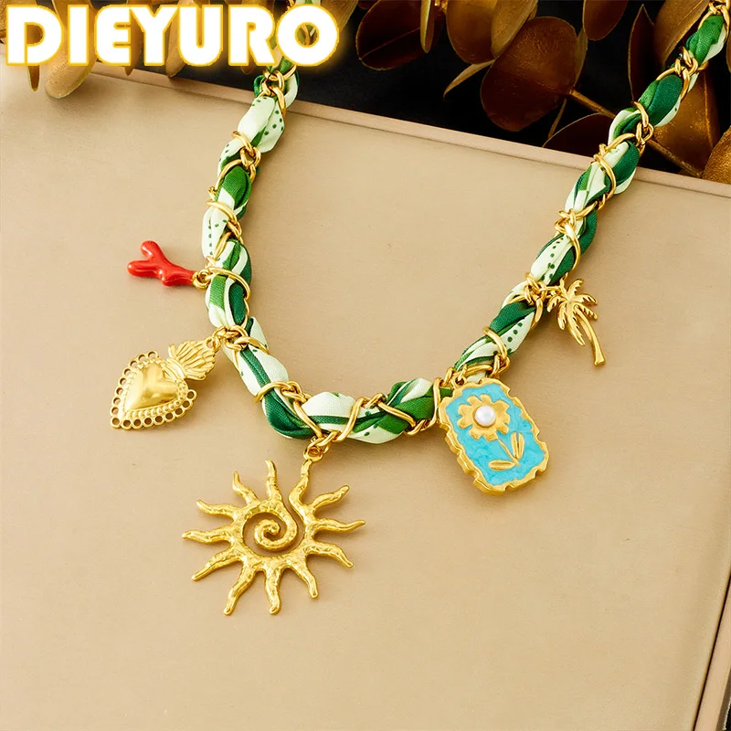 DIEYURO 316L Stainless Steel Golden Sun Heart Flower Pearl Coral Pendant Necklace Women Green Pattern Ribbon Neck Chain Jewelry