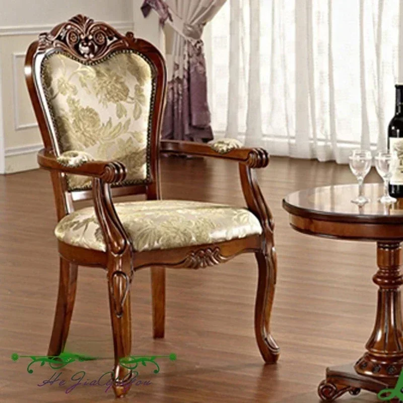 

Carving Dining European Style Armrest Wood Dining Chair Top Grade American Style Fabric Art Chair Cadeira Home Furniture DC-326