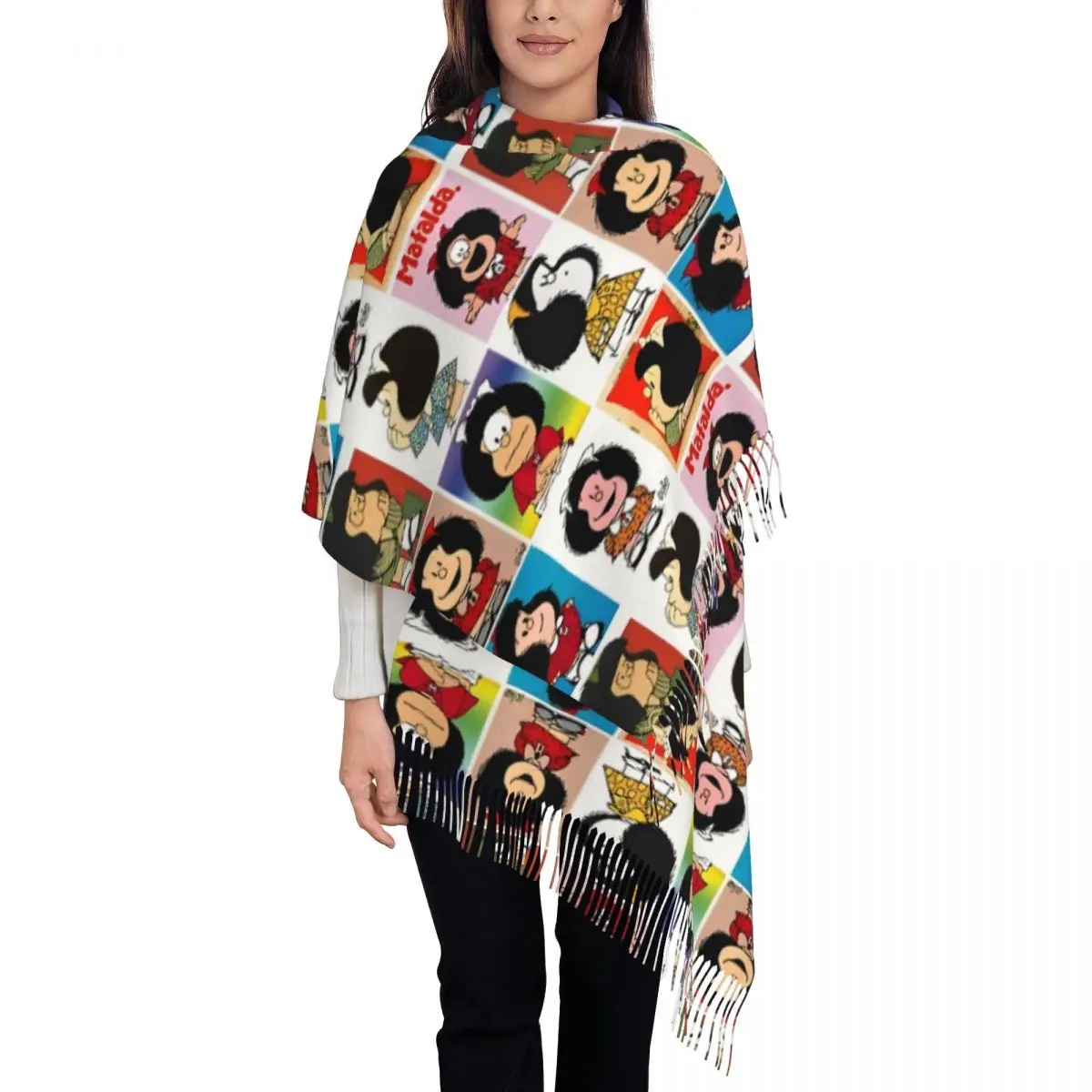 Syal Rumbai Wanita Mafaldaa Anime Kartun Syal Hangat Musim Dingin Besar dan Hadiah Syal Kasmir