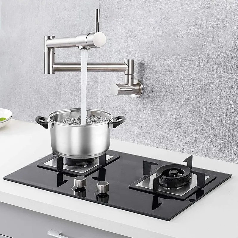 Brushe Nickel Pot Filler Tap Wall Mounted Foldable Kitchen Faucet Single Cold Black Sink Tap Rotating Folding Spout Brushed Gold