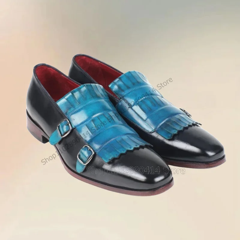 

Blue Black Tassels Buckle Decor Double Monk Loafers Fashion Slip On Men Shoes Luxurious Handmade Party Banquet Men Dress Shoes