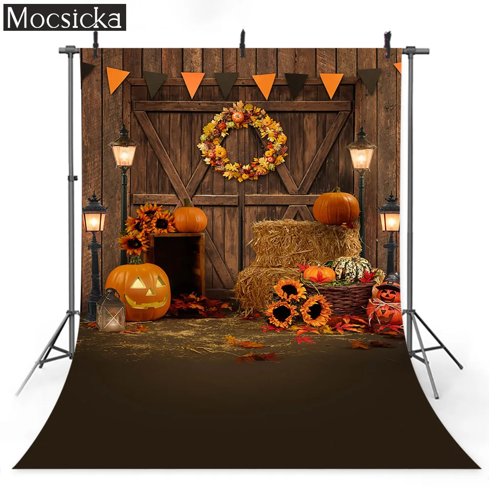 

Mocsicka Halloween Pumpkin Lights Barn Photography Backgrounds Maple Leaf Wreath Street Lights Backdrops Kids Portrait Photocall