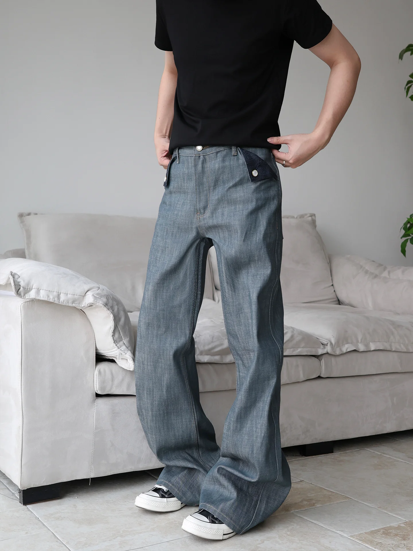 Loose Fit Straight Leg Men's Jeans American High Street Patchwork Pocket Cleanfit Denim Pants mid Waist Zipper Closure