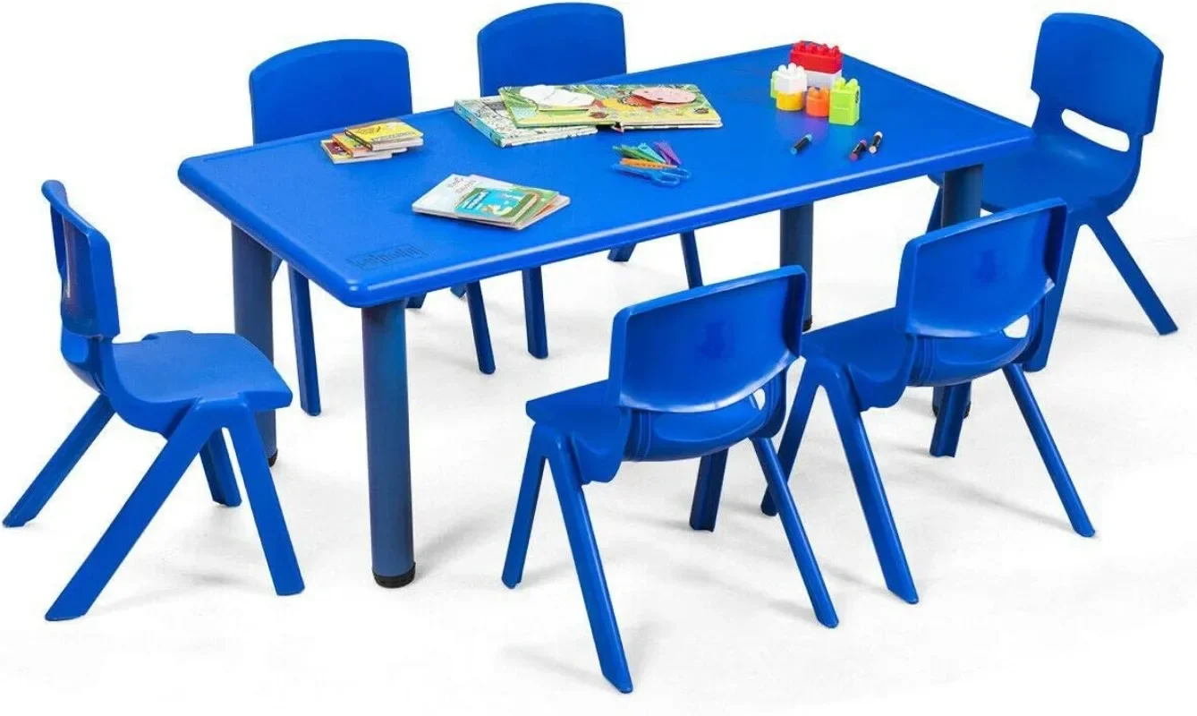Costzon Kids Table and Chair Set, 6 Pcs Stackable Chairs, 47 x 23.5 Inch Rectangular Plastic Activity Table Set