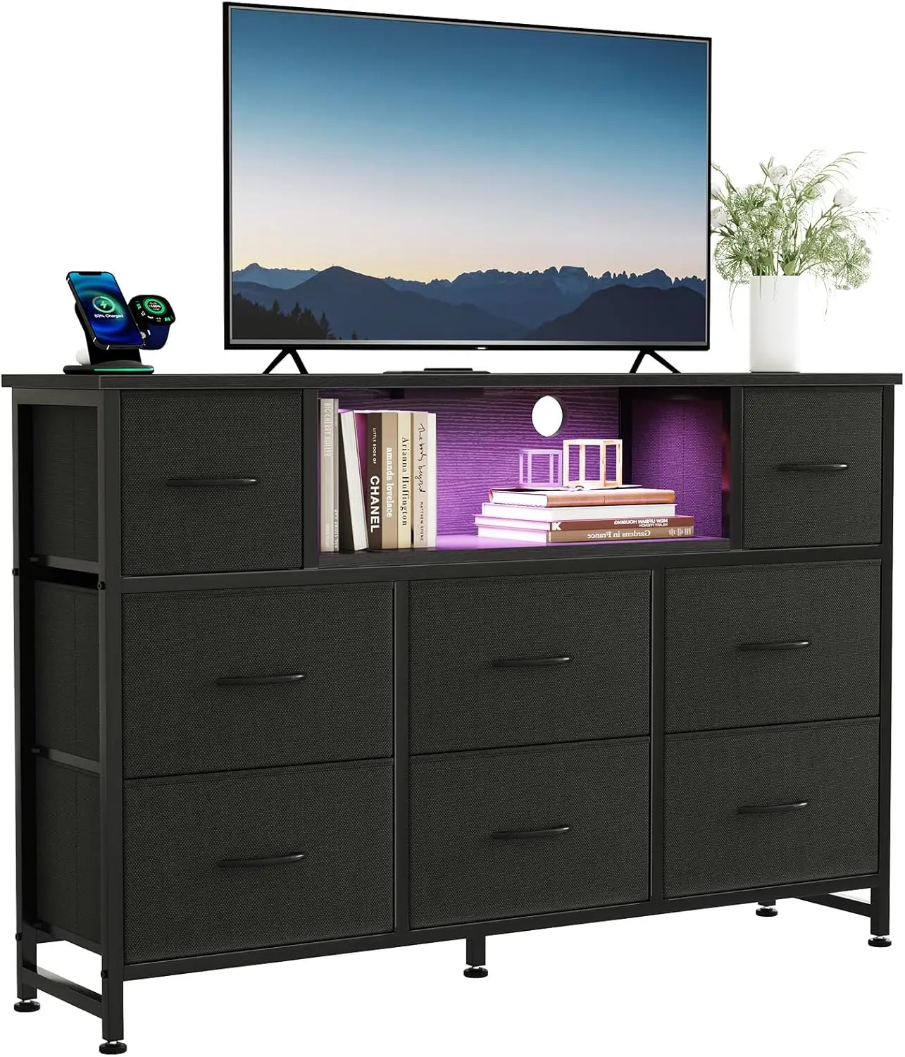TV Stand with 8 Fabric Drawers and LED Lights, 47.2