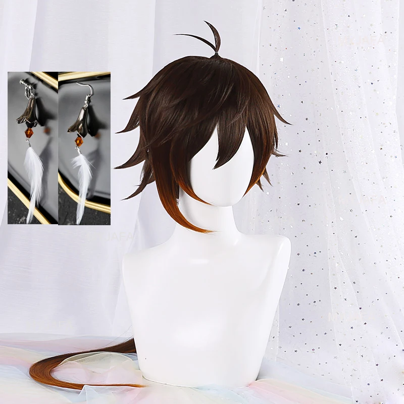 High Quality Game Genshin Impact Zhongli Cosplay Wig Anime 90cm Long Brown Orange Heat Resistant Hair Wigs + Wig Cap - view 5