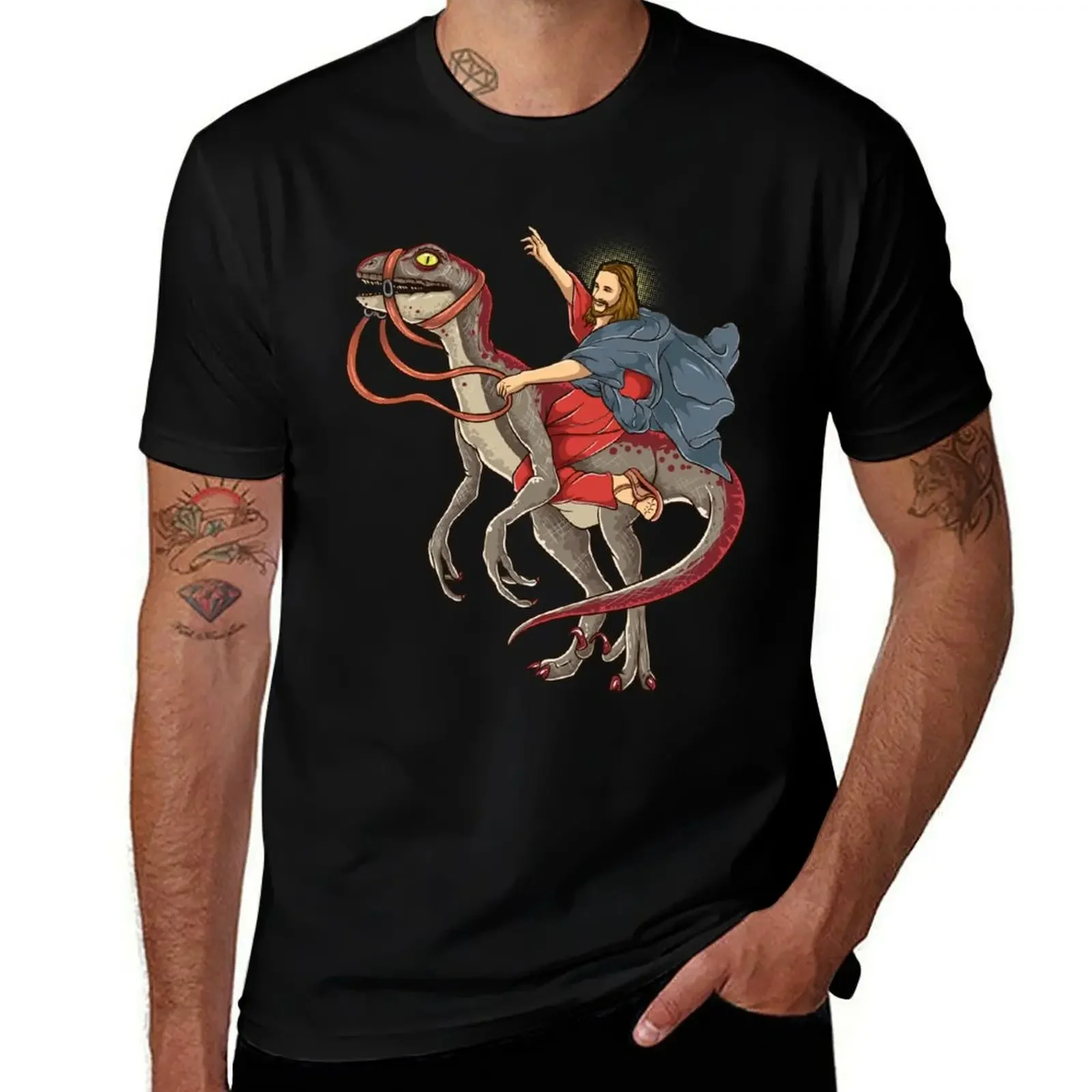 Jesus Riding a Dinosaur Shirt Raptor Dinosaur Parody T-Shirt graphic t shirts mens funny t shirts