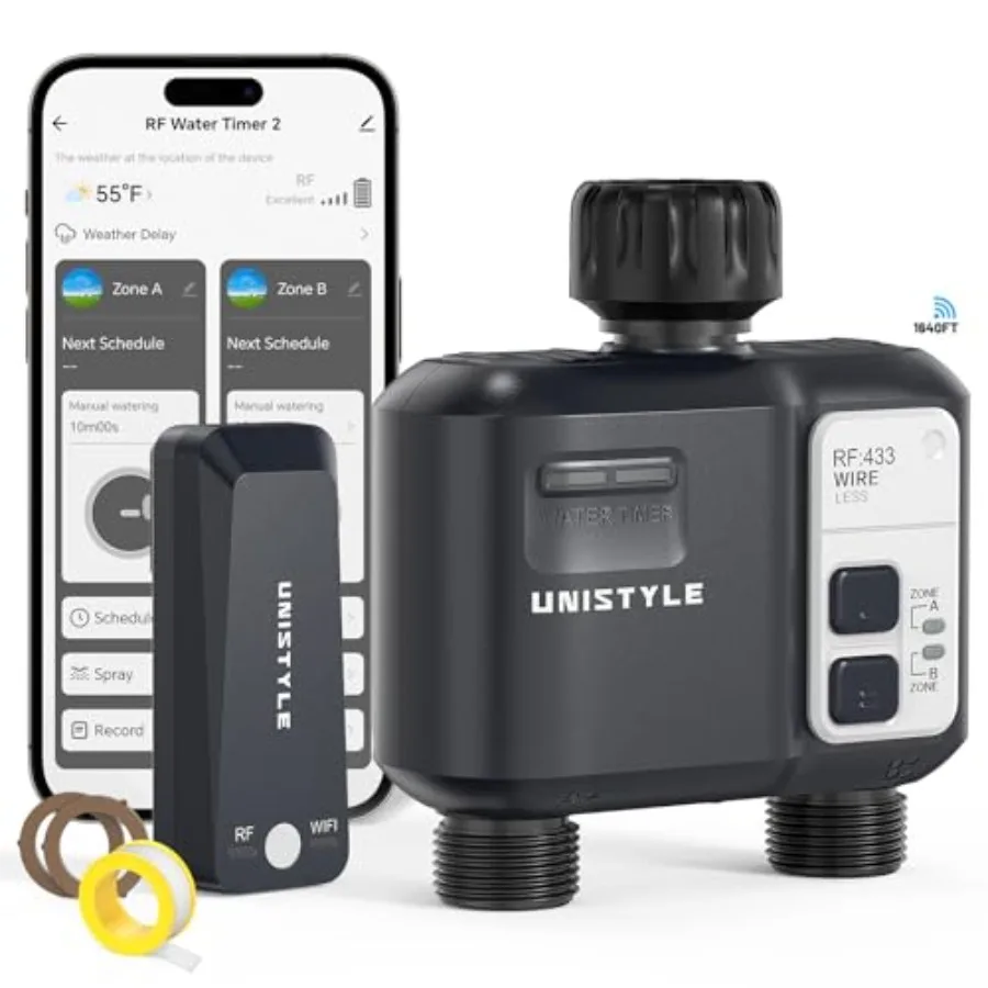 

Новейший Wi-Fi таймер для полива 2027 года, 1640FT, 2 зоны, Unistyle, умный таймер для шланга, совместим с Alexa, Google Voice и управлением через приложение