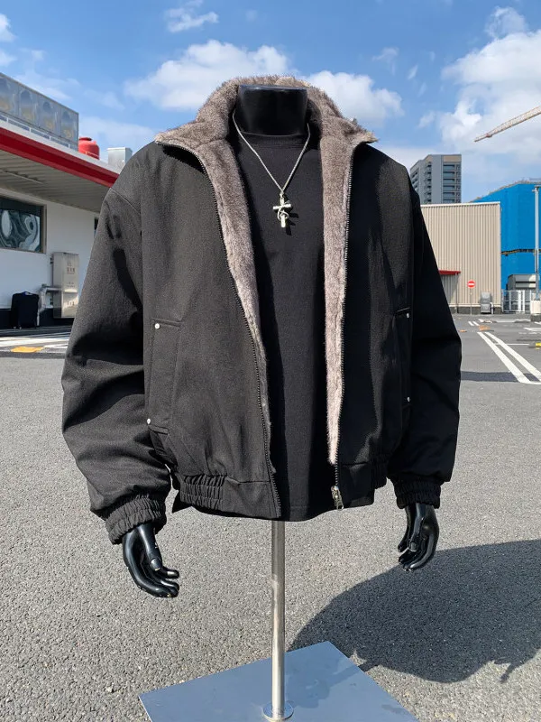 

Мужская утепленная двусторонняя хлопковая куртка с флисовой подкладкой, воротником-стойкой и меховым воротником, теплая верхняя одежда для осени и зимы