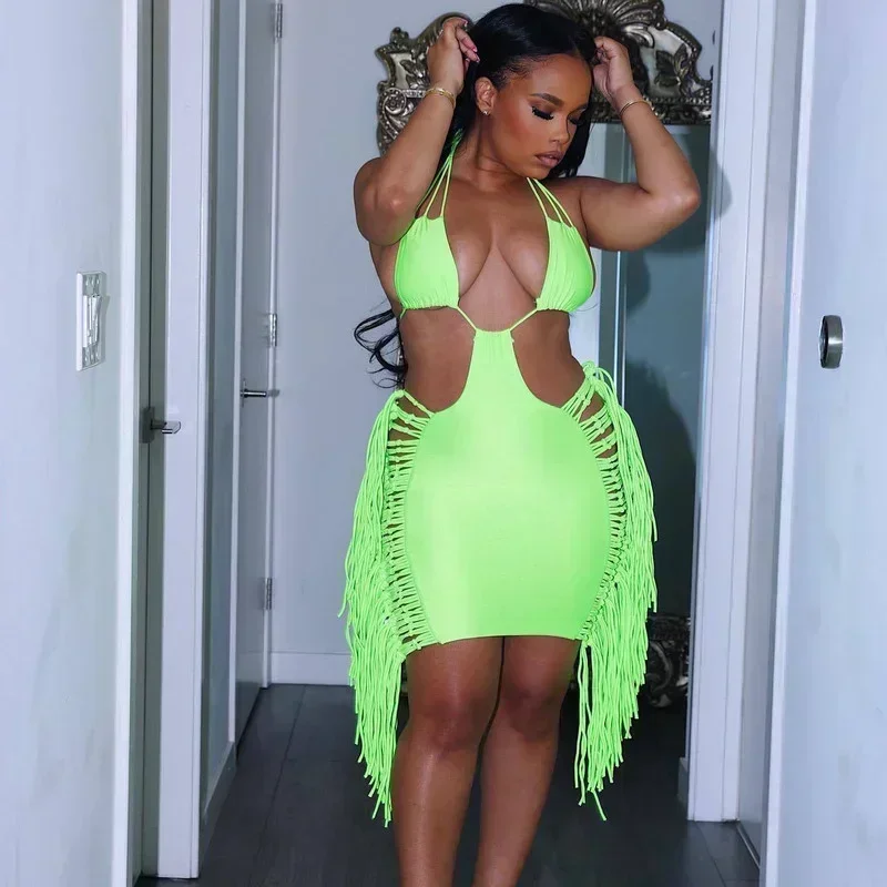 GUWU ノースリーブ ホルターネック カットアウト フリンジ ドレス オフショルダー パーティー ナイトドレス フェスティバル衣装 クラブウェア