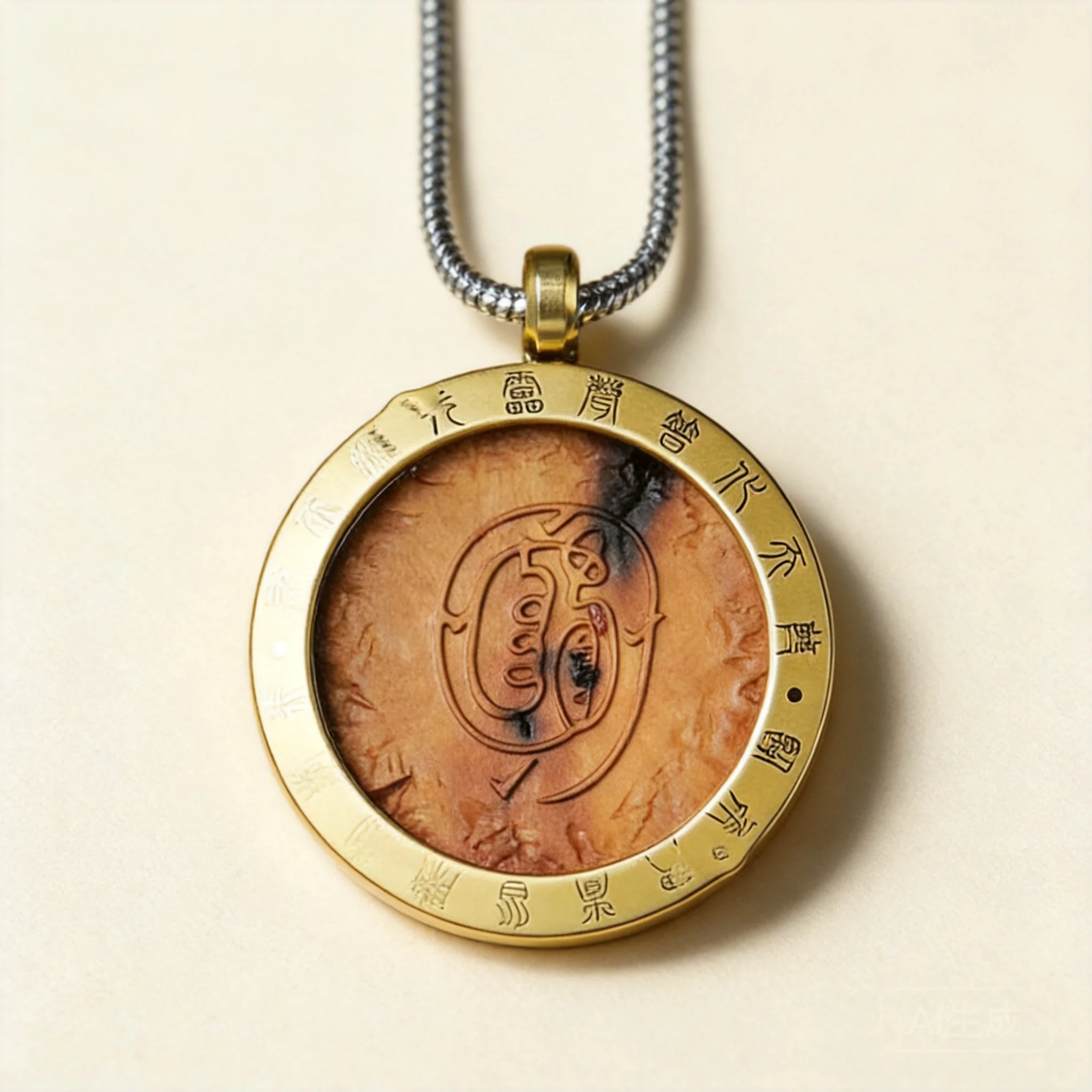 Chinese Style Thunder Struck Jujube Wood Golden Seal Engraved Brass Frame Mountain Ghost Amulet Pendant Lucky Blessing Wealth