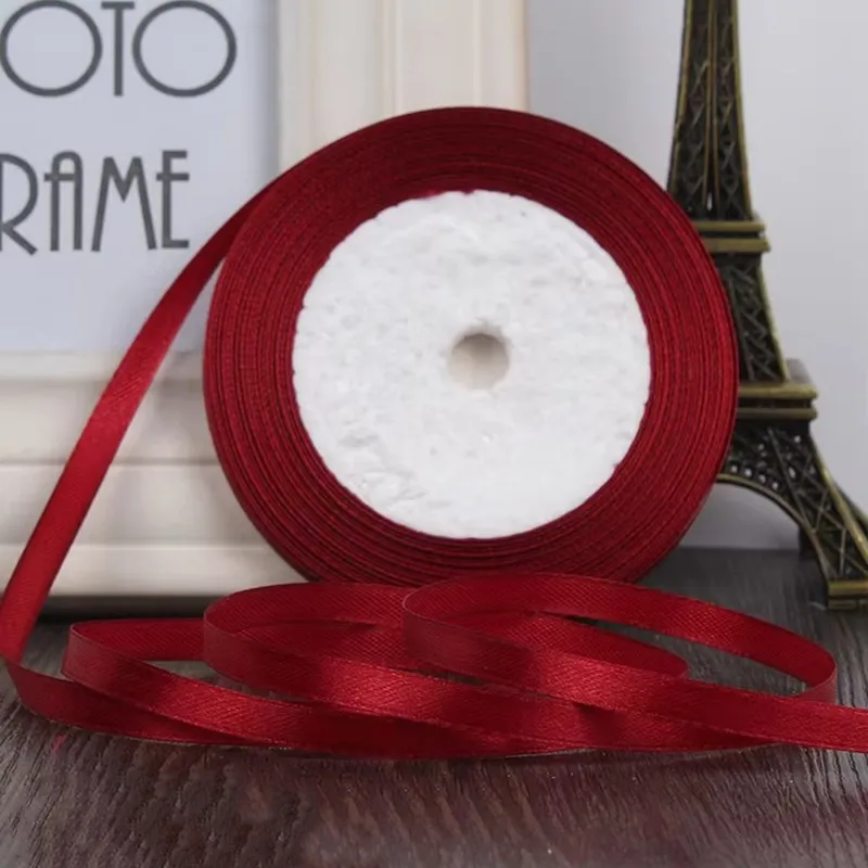 Hübsches 6 mm großes burgunderfarbenes Seidensatinband für Hochzeiten, Partys, Dekoration, Einladungskarten, Geschenkverpackungen, Scrapbooking-Zubehör, Band (22 m)