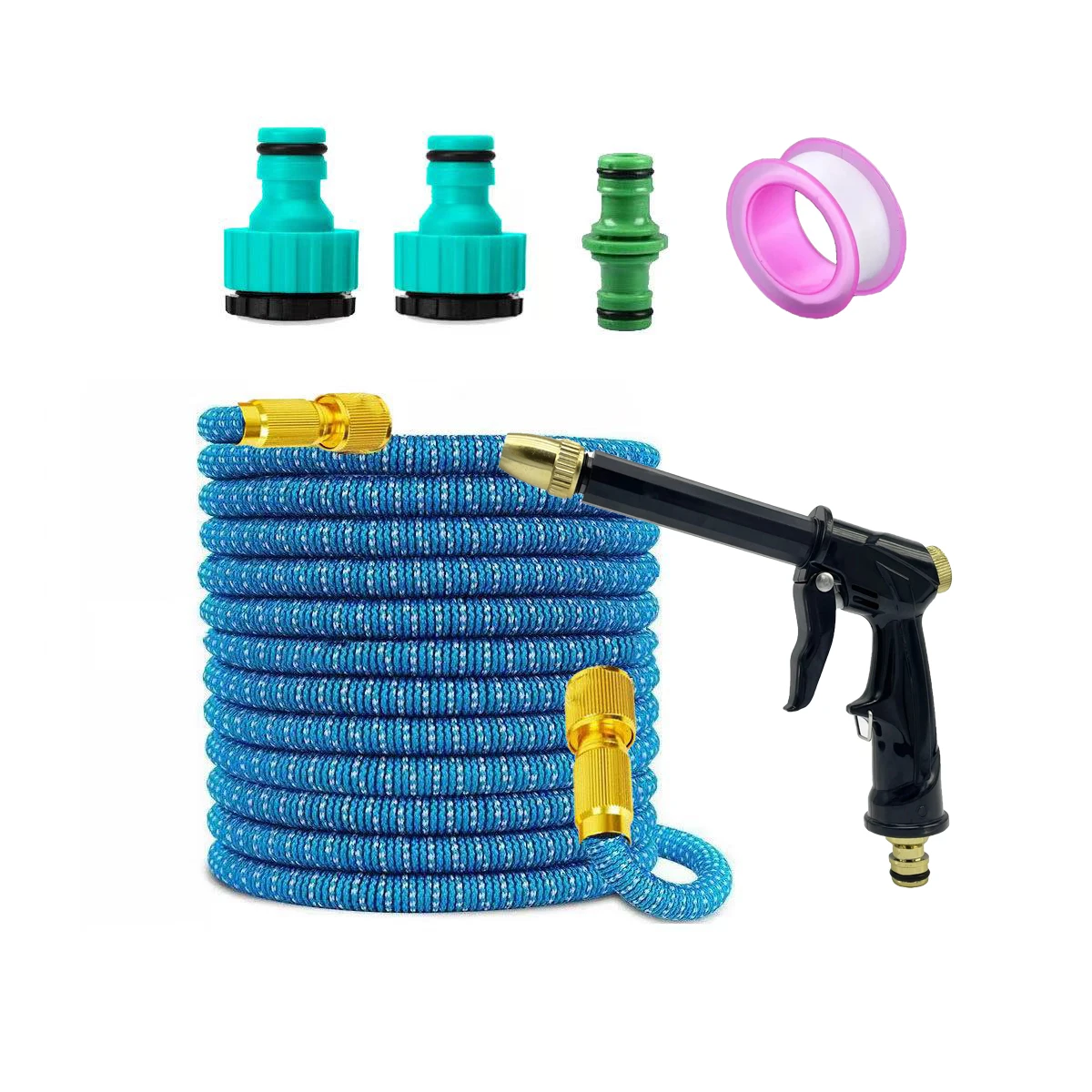 High Pressure Expandable Garden Hose Kit 25FT 50FT 75FT 100FT Retractable Water Hose with Metal Long Rod Spray Gun Brass Fitting