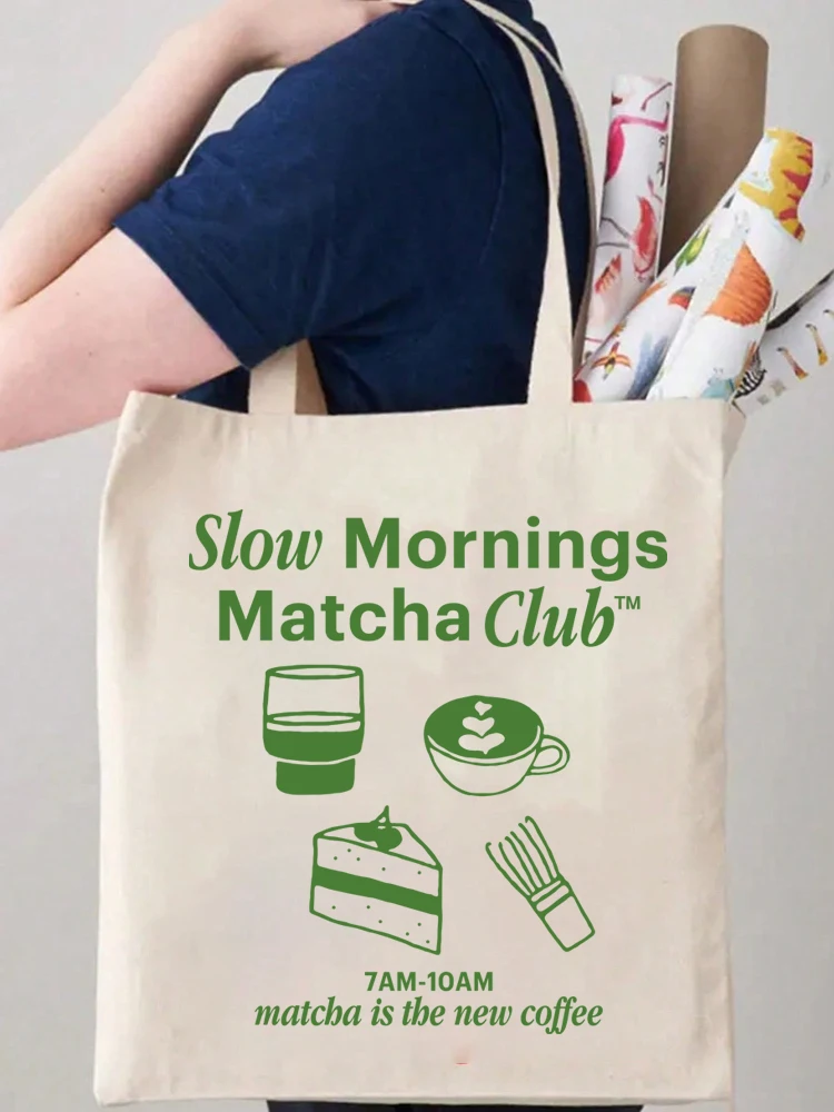 

1pc Cute Matcha Club Print Canvas Tote Bag Eco Friendly Spacious Reusable Shoulder Bag School Travel Work Yoga Bag Daily Use