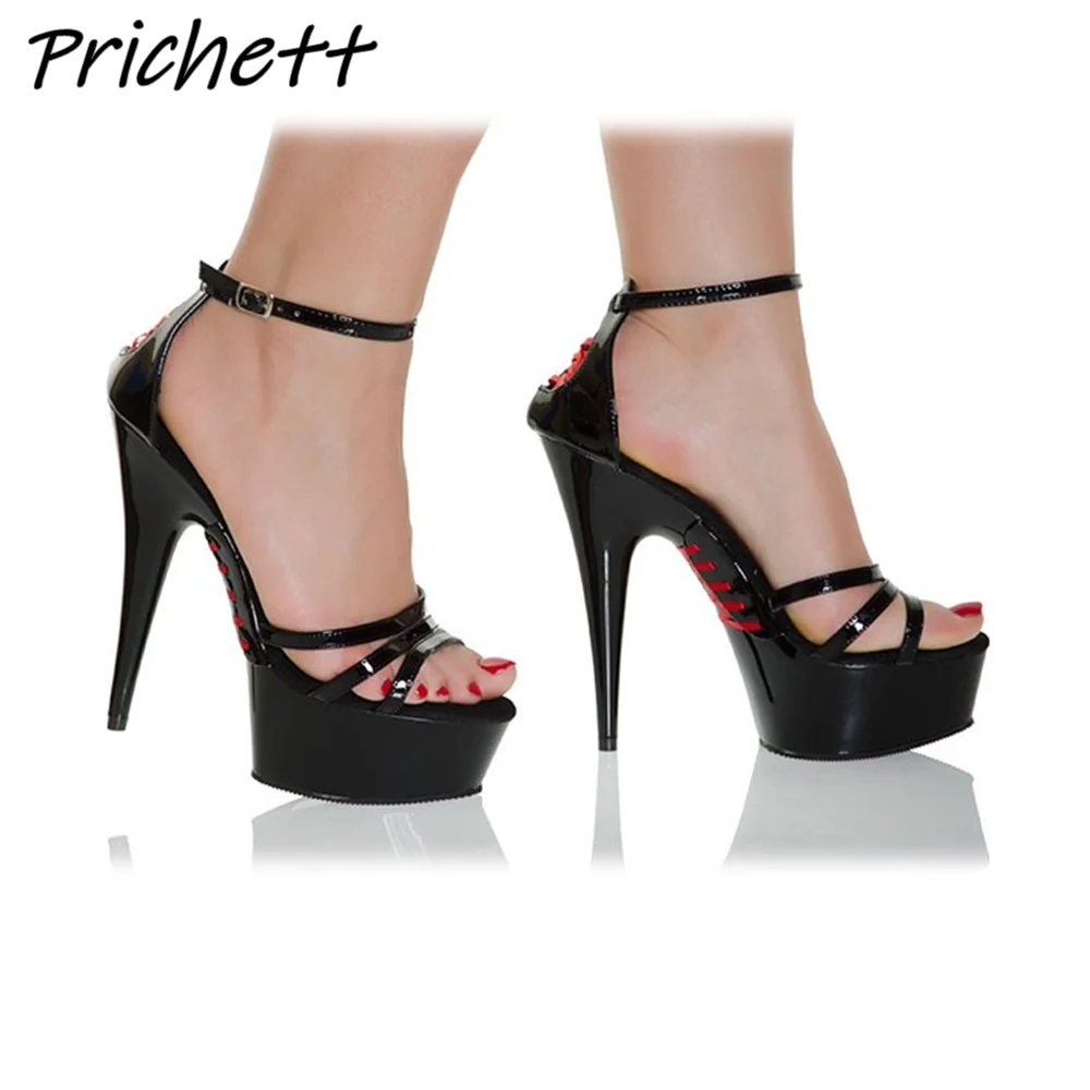 Cross Tied Hollow 15 Cm Sandals Ankle Band Platform Straight Strap Thin Heels Women's Shoes Sexy Fashion Summer Stiletto Shoes