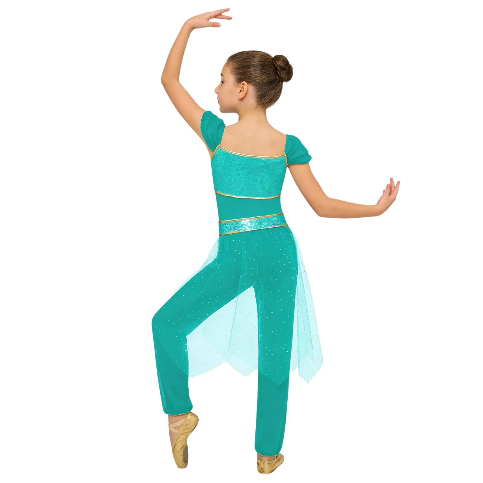 

Kids Girls Arabian Princess Belly Dance Costume Sequined Tulle Overlay Jumpsuit Halloween Carnival Party Arab Bellydance Rompers