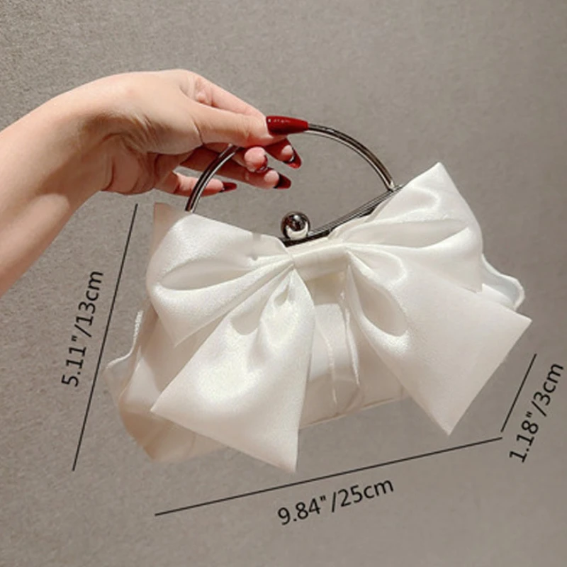 White Satin Bow Fairy Evening Bags Clutch Metal Handle Handbags for Women Wedding Party Bridal Clutches Purse Chain Shoulder Bag