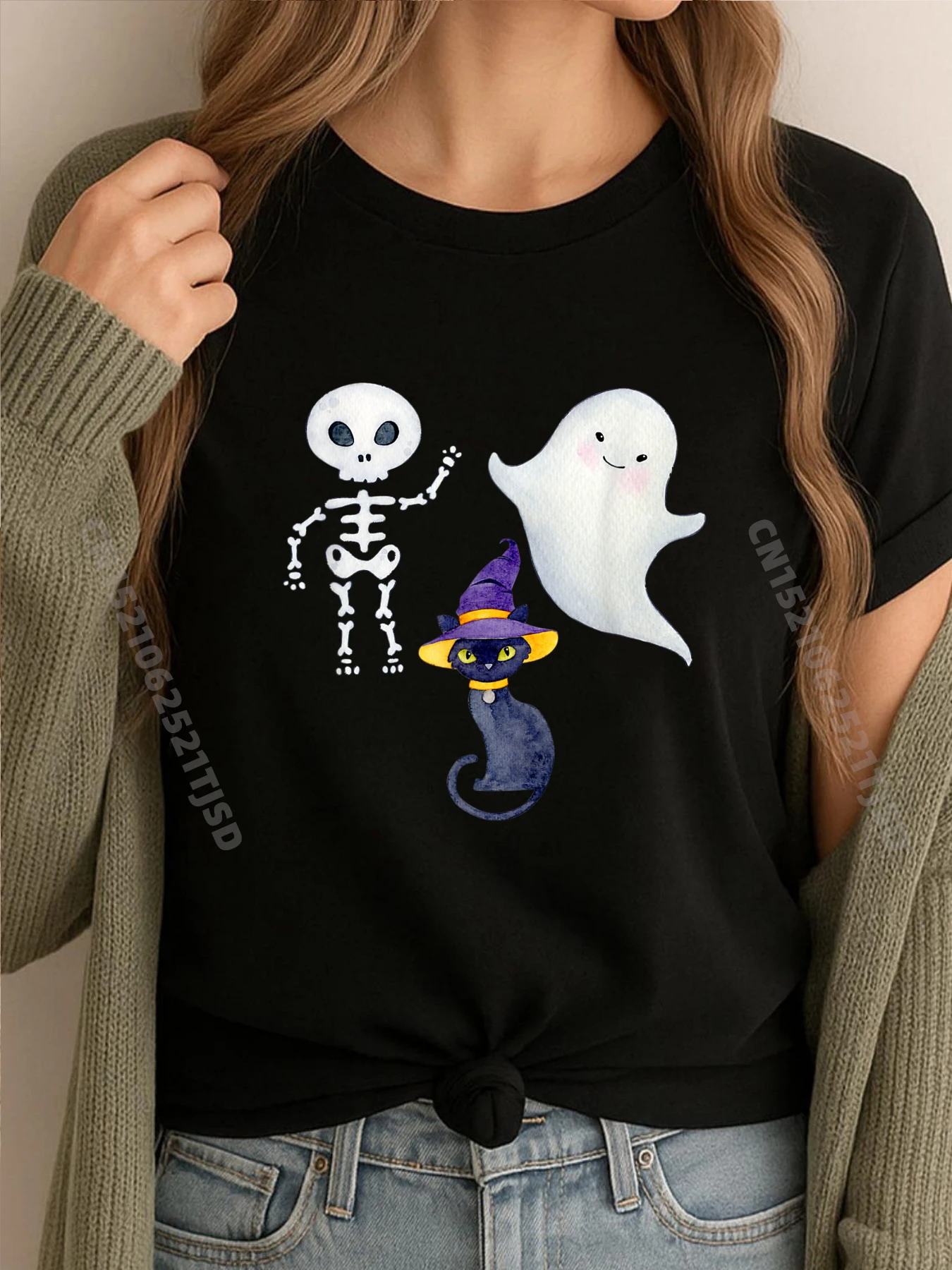 

Halloween Monsters Skeleton Ghost Cat Luxury T Shirt Woman High Quality Fall New In Tops And T-Shirts T Shirt