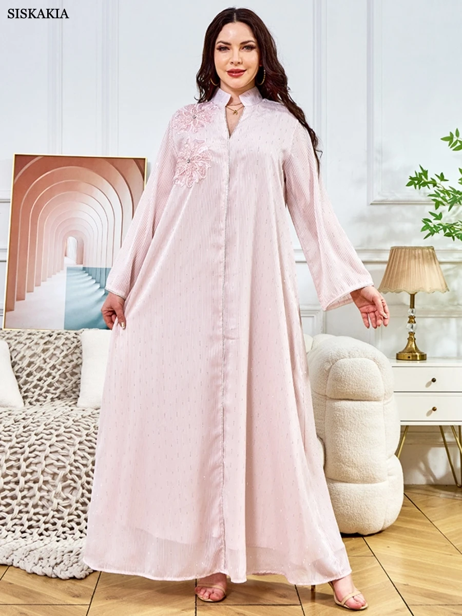 

Siskakia мусульманское элегантное платье с бриллиантами с цветочным принтом и бисером Абая Дубай платья с сетчатыми рукавами для женщин гала-концерт