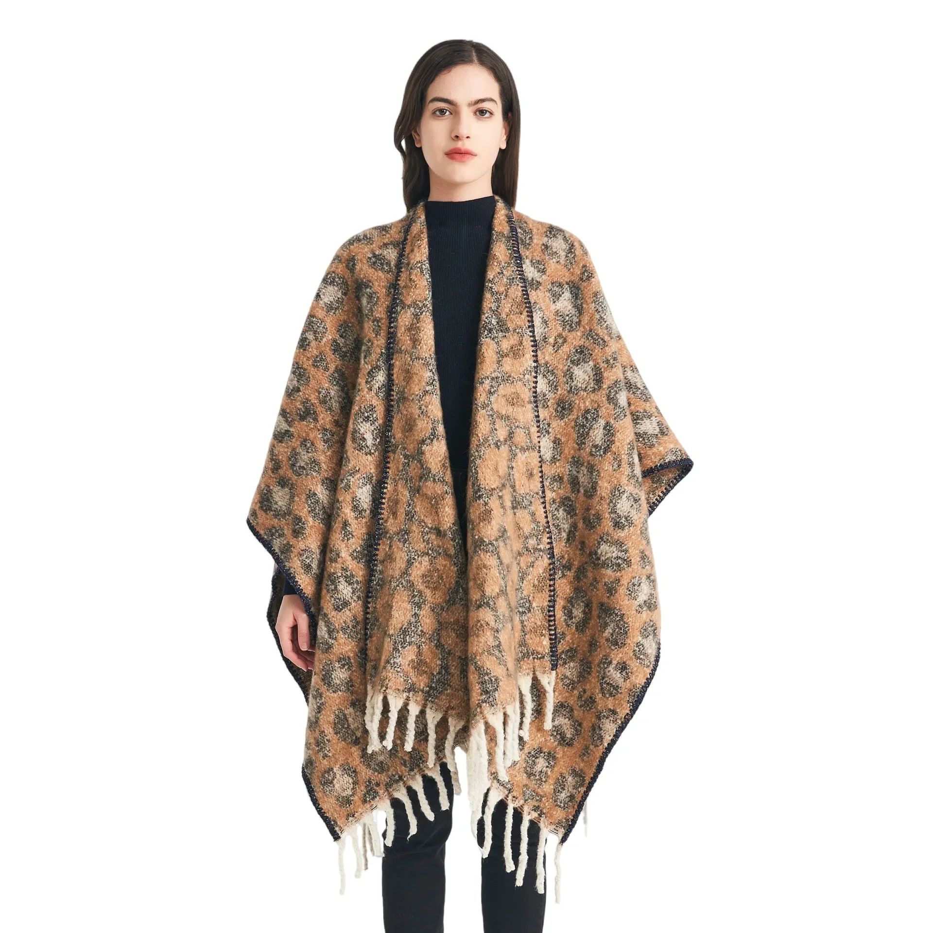 Autumn and Winter Poncho Looped Yarn Imitation Wool Thickened Jacquard Leopard Print Tassel Cross Shawl Travel Cape Cloak